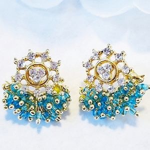 Post Earrings Silver Crystal And Teal Vintage 1980s NWT